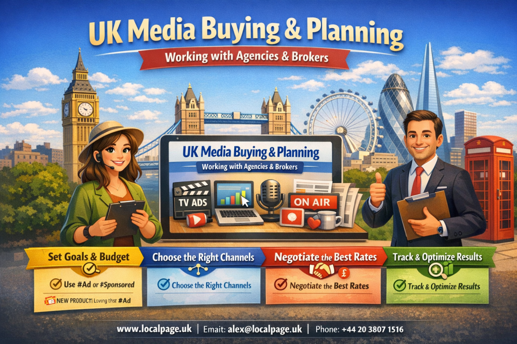 3D graphic showing UK media buying and planning with planners, brokers, and media channels.