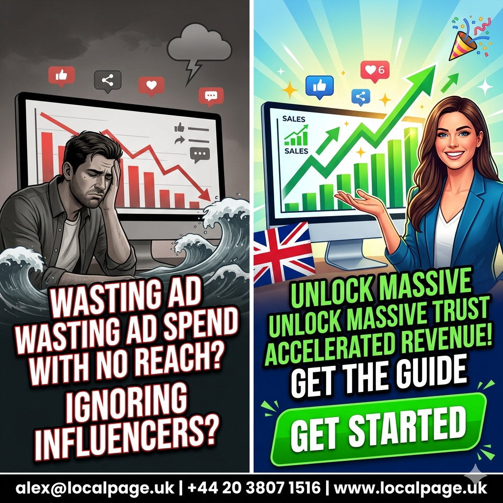 High contrast split screen comparing low engagement with booming sales results achieved via influencer partnership advertising.