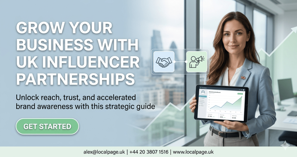 Professional UK workspace showing growth charts and a handshake graphic representing trust in partnership marketing.