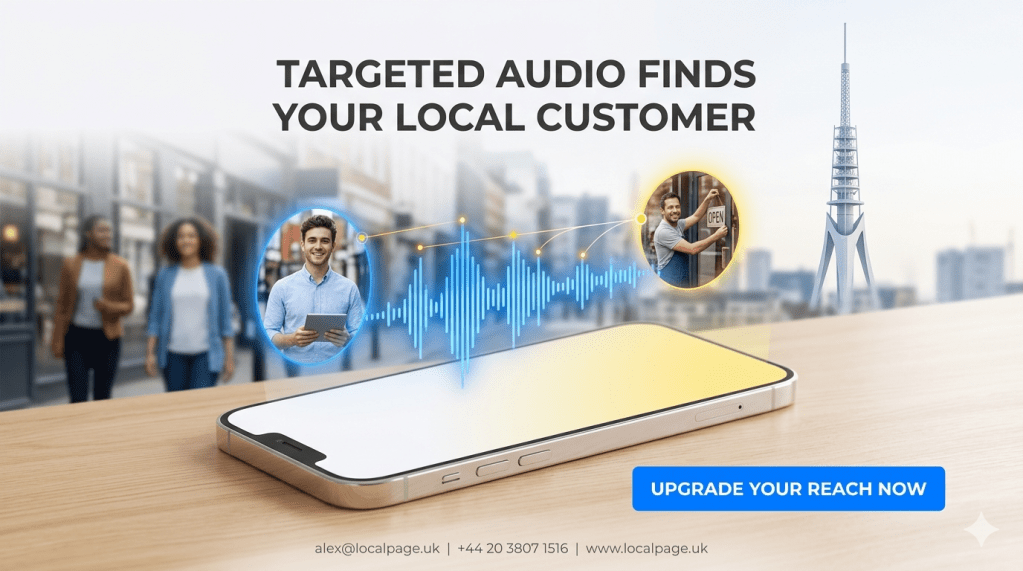 Social image showing UK radio advertising with glowing yellow growth arrow microphone icon and green‑blue CTA button